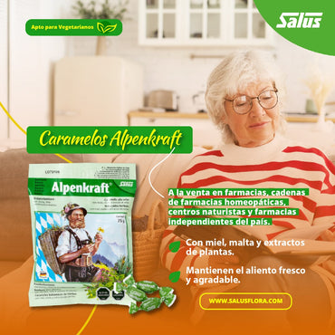Caramelos Alpenkraft de SalusFlora en envase de 75 g, con caramelos suaves y dulces en una caja colorida