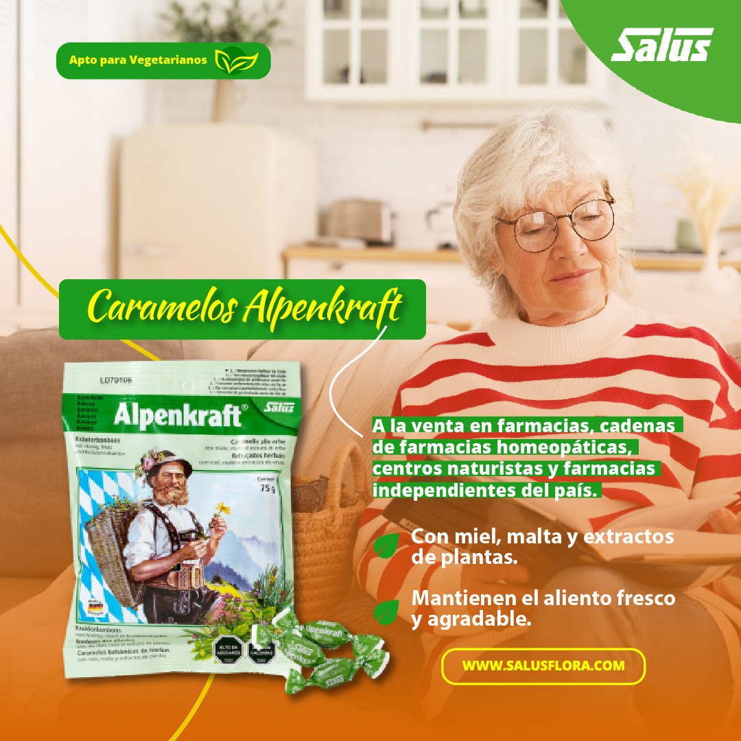 Caramelos Alpenkraft de SalusFlora en envase de 75 g, con caramelos suaves y dulces en una caja colorida