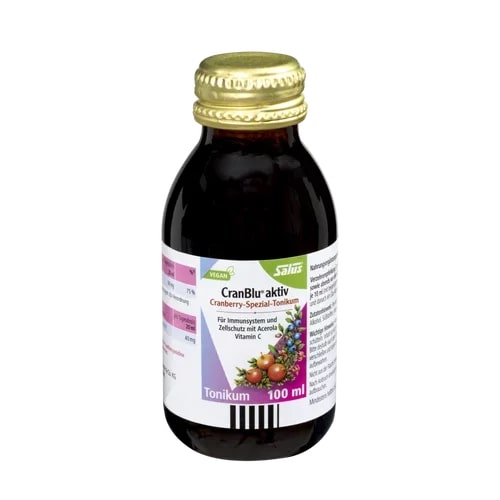 Botella de Cranblue Aktiv de 100 ml de SalusFlora, con líquido azul en envase transparente sobre fondo blanco.