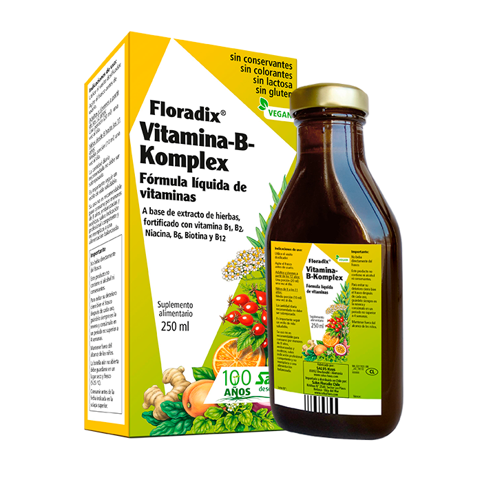 Vitamina B-Komplex de SalusFlora en frasco de 250 ml, suplemento de vitaminas B con gotas para la salud y bienestar.