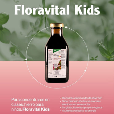 Vitamina líquida Floradix Floravital Kids de SalusFlora en botella con gotas para niños, color y diseño de la etiqueta visible.