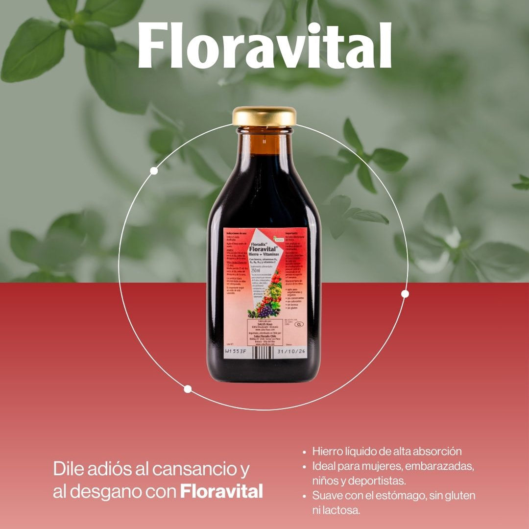 Extracto de plantas Floravital de SalusFlora en botella de 250 ml, con gotas y etiqueta visible.