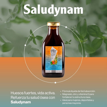 Botella de Saludynam de 250 ml de SalusFlora, suplemento líquido para la salud, con etiqueta visible y envase transparente