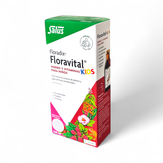 Suplemento líquido Floradix Floravital Kids de SalusFlora, frasco con gotas para niños, vitaminas y minerales naturales.