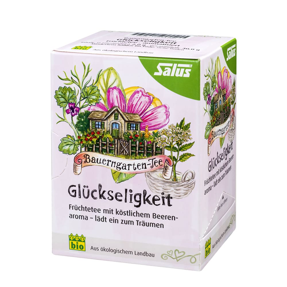 Hierba de Glückseligkeit Felicidad de SalusFlora en una botella con cápsulas, muestra el envase y las cápsulas blancas y verdes.