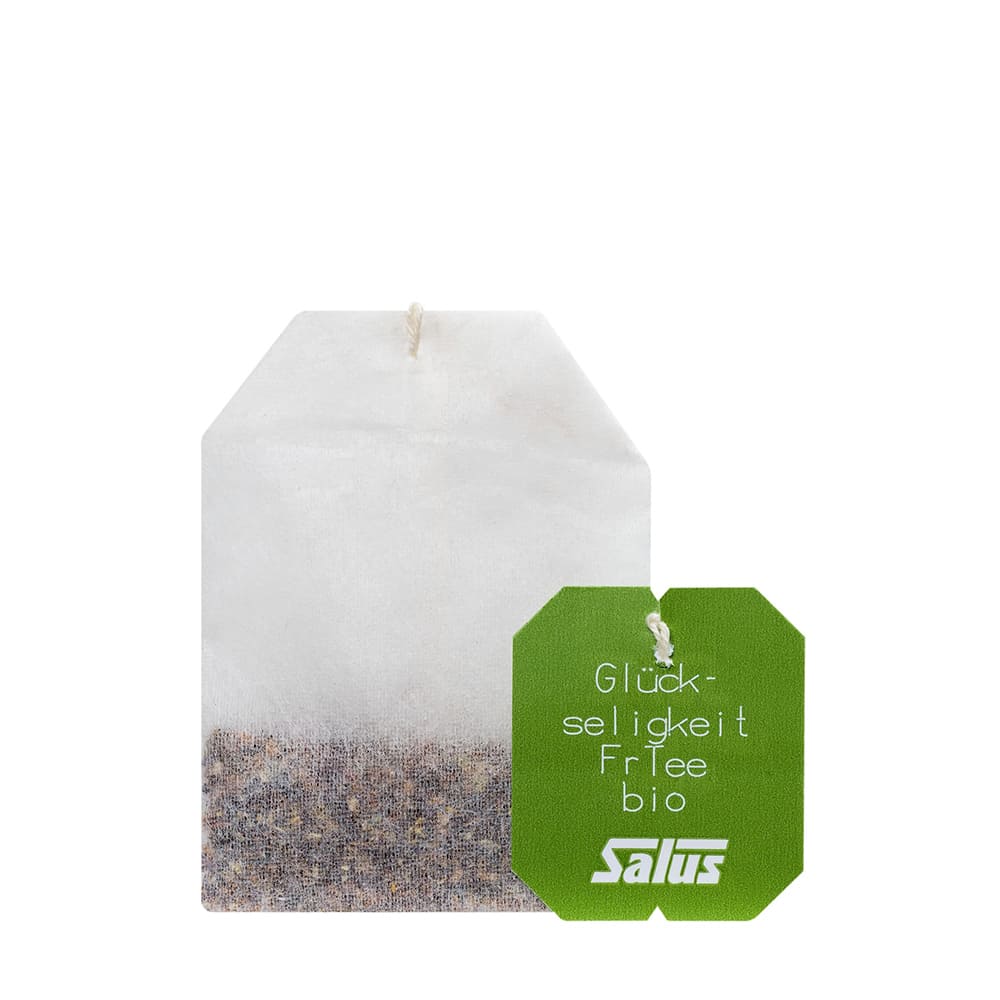 Hierba de Glückseligkeit Felicidad de SalusFlora en un frasco, con hojas verdes y flores secas para infusión natural.