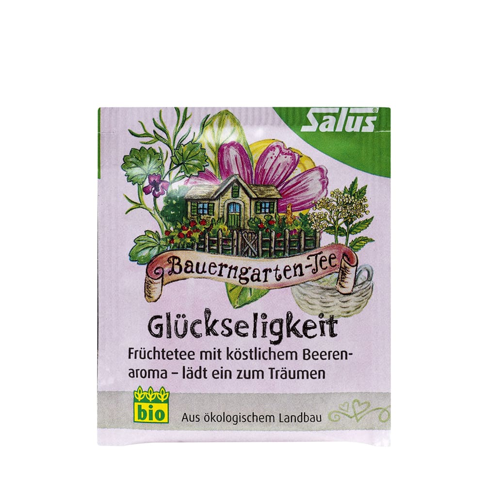 Imagen de la caja de Glückseligkeit Felicidad de SalusFlora, con diseño colorido y texto en el envase del producto natural.