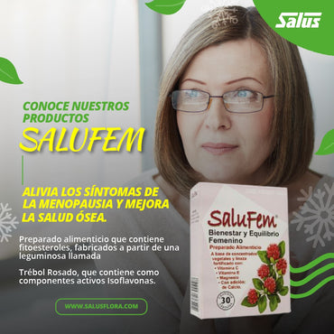 Cápsulas Salufem de SalusFlora, 30 cápsulas, envase con cápsulas blancas y etiqueta en colores verdes y blancos.