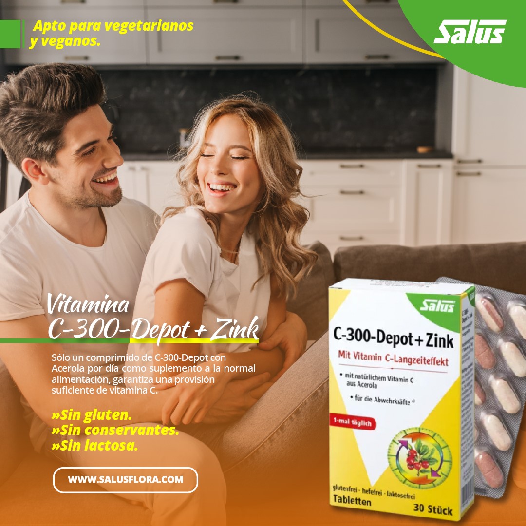 Vitamina C-300-Depot con zinc de SalusFlora, suplemento en cápsulas con vitamina C y zinc para fortalecer el sistema inmunológico.
