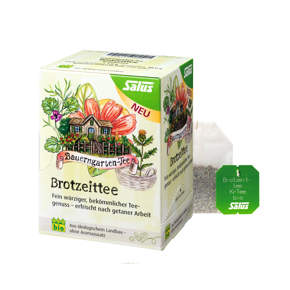 Taza de té Brotzeittee Merienda de SalusFlora con infusión herbal y aroma relajante, vista desde arriba.
