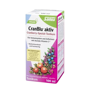 Cranblue Aktiv de SalusFlora en botella de 100 ml, con etiqueta verde y diseño del producto en la imagen.