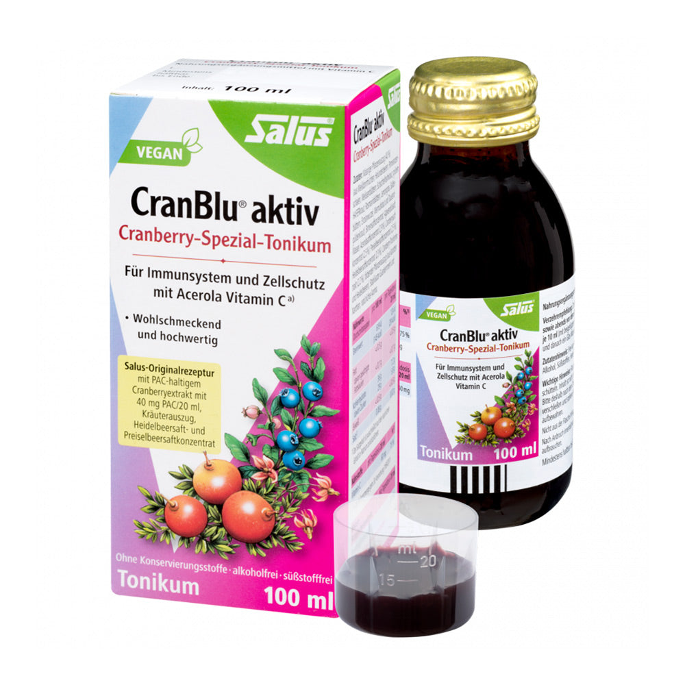 Botella de Cranblue Aktiv de 100 ml de SalusFlora, con envase transparente y líquido azul en fondo blanco.