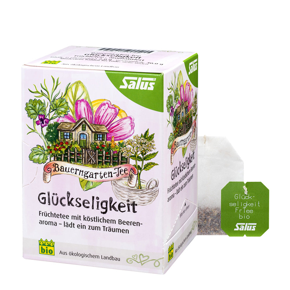 Hierba medicinal Glückseligkeit Felicidad de SalusFlora en paquete, vista frontal del producto en fondo blanco