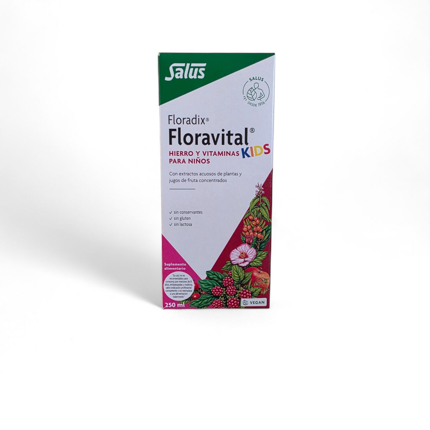 Jarabe de Floradix Floravital Kids de SalusFlora en botella con etiqueta colorida y gotas para niños.