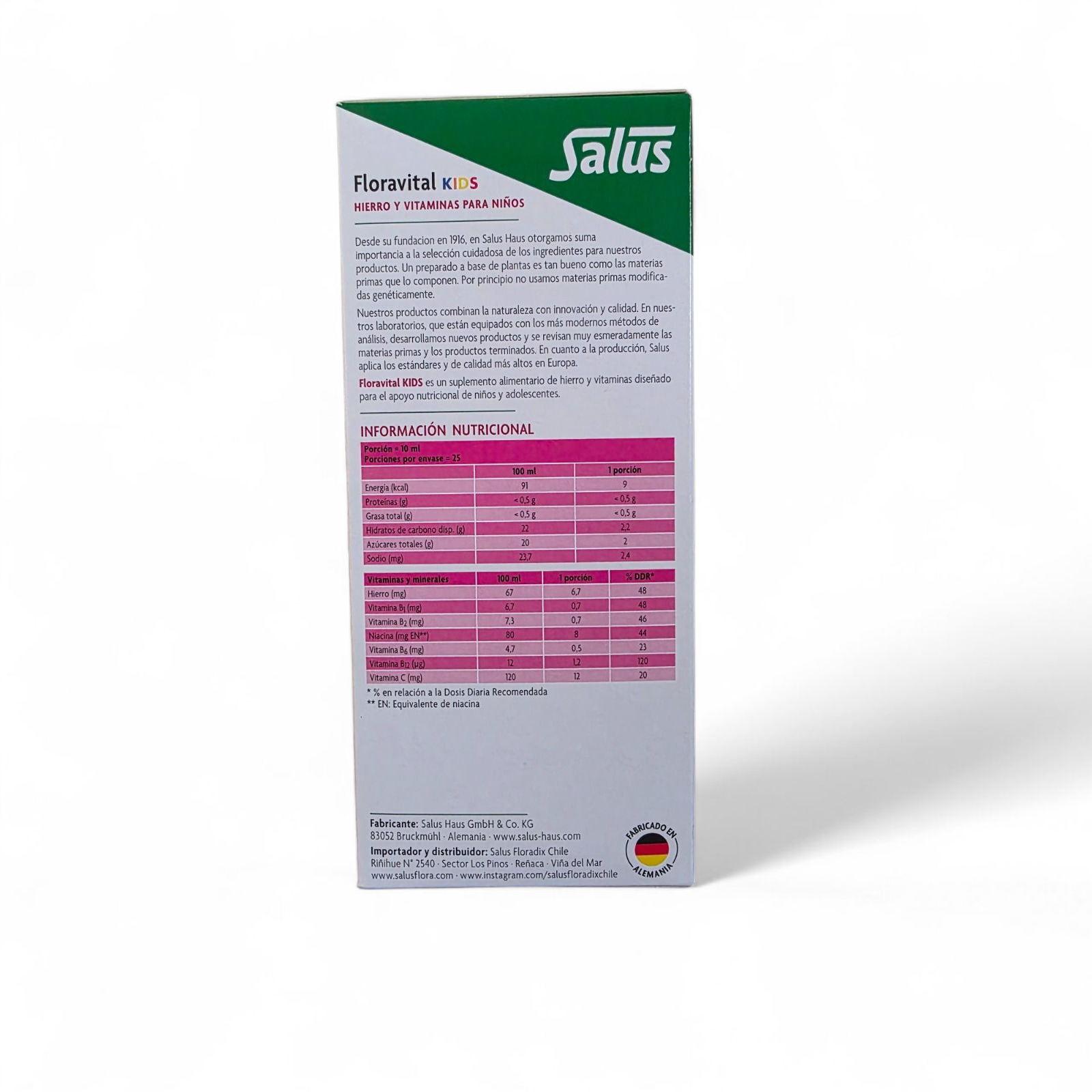 Suplemento líquido Floravital Kids de SalusFlora en botella con gotero, para niños, con ingredientes naturales y vitaminas.