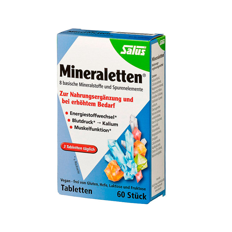 Cápsulas de Mineraletten de SalusFlora, suplemento mineral en frasco de 60 cápsulas, con ingredientes naturales para la salud.