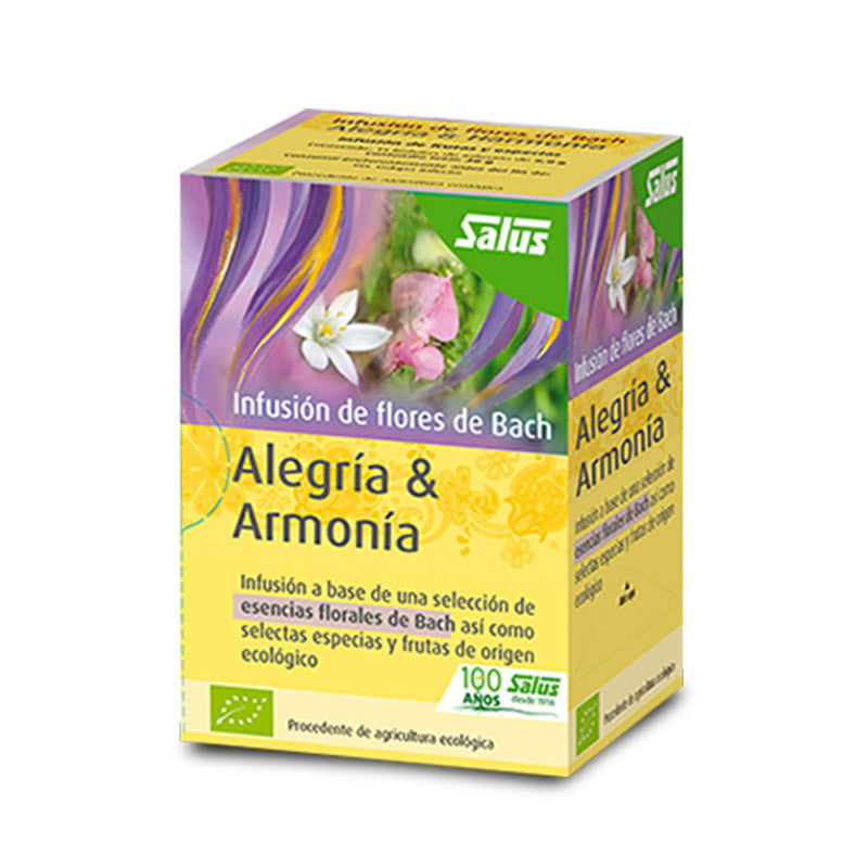 Flores Bach Alegría y Harmonía de SalusFlora, envase de 30 g con 15 bolsitas, muestra flores naturales para bienestar emocional.