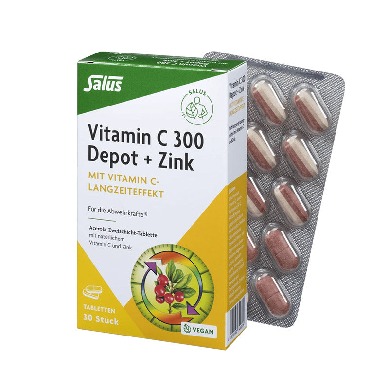 Comprimidos de Vitamina C-300-Depot con zinc de SalusFlora, frascos con varias tabletas en una caja blanca.