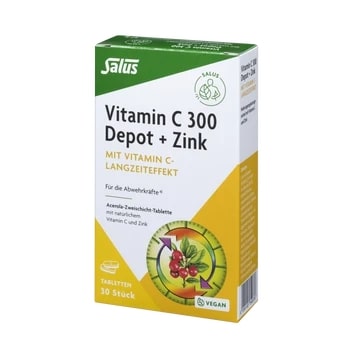 Caja de vitamina C 300 mg con zinc de SalusFlora, suplemento en blíster con tabletas de vitamina C y zinc en envase compacto.