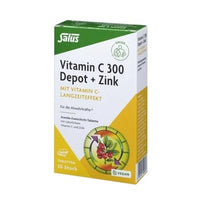 Caja de vitamina C 300 mg con zinc de SalusFlora, suplemento en blíster con tabletas de vitamina C y zinc en envase compacto.