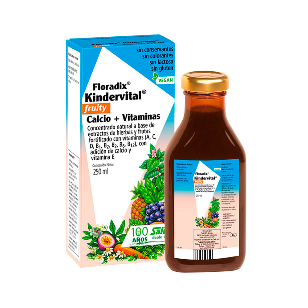 Saboroso jarabe de Kindervital Fruity SalusFlora en botella de 250 ml, con fruta y ingredientes naturales para niños.