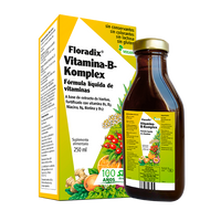 Vitamina B-Komplex de SalusFlora en frasco de 250 ml, suplemento de vitaminas B con gotas para la salud y bienestar.