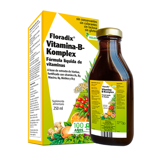 Vitamina B-Komplex de SalusFlora en frasco de 250 ml, suplemento de vitaminas B con gotas para la salud y bienestar.
