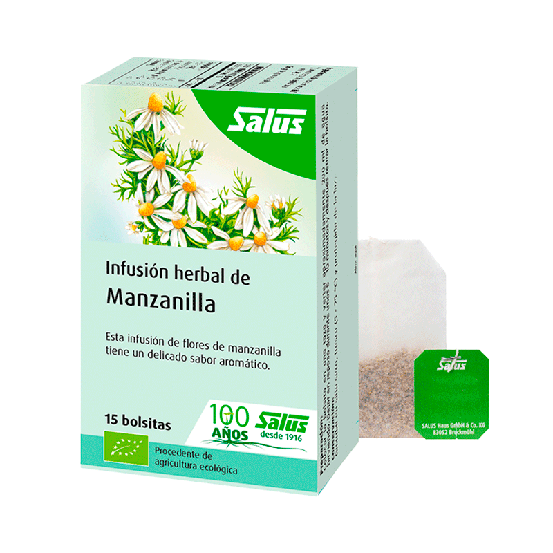 Infusión de manzanilla SalusFlora en bolsitas, 25,5 g, caja con 15 unidades, flores de manzanilla secas en la imagen