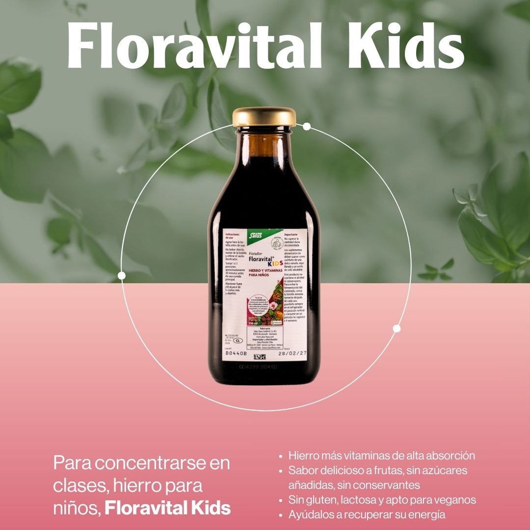 Vitamina líquida Floradix Floravital Kids de SalusFlora en botella con gotas para niños, color y diseño de la etiqueta visible.