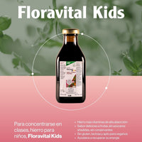 Vitamina líquida Floradix Floravital Kids de SalusFlora en botella con gotas para niños, color y diseño de la etiqueta visible.
