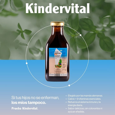 Botella de 250 ml de Kindervital Fruity de SalusFlora, jugo infantil con sabor frutal en envase transparente.
