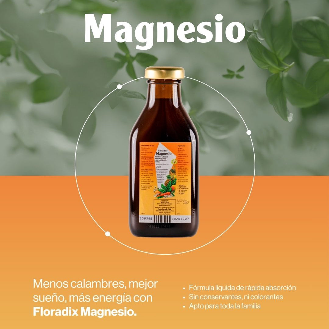 Botella de magnesio SalusFlora de 250 ml, líquido y natural, para bienestar y salud, con etiqueta visible en la imagen.