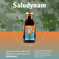 Botella de Saludynam de 250 ml de SalusFlora, suplemento líquido para la salud, con etiqueta visible y envase transparente