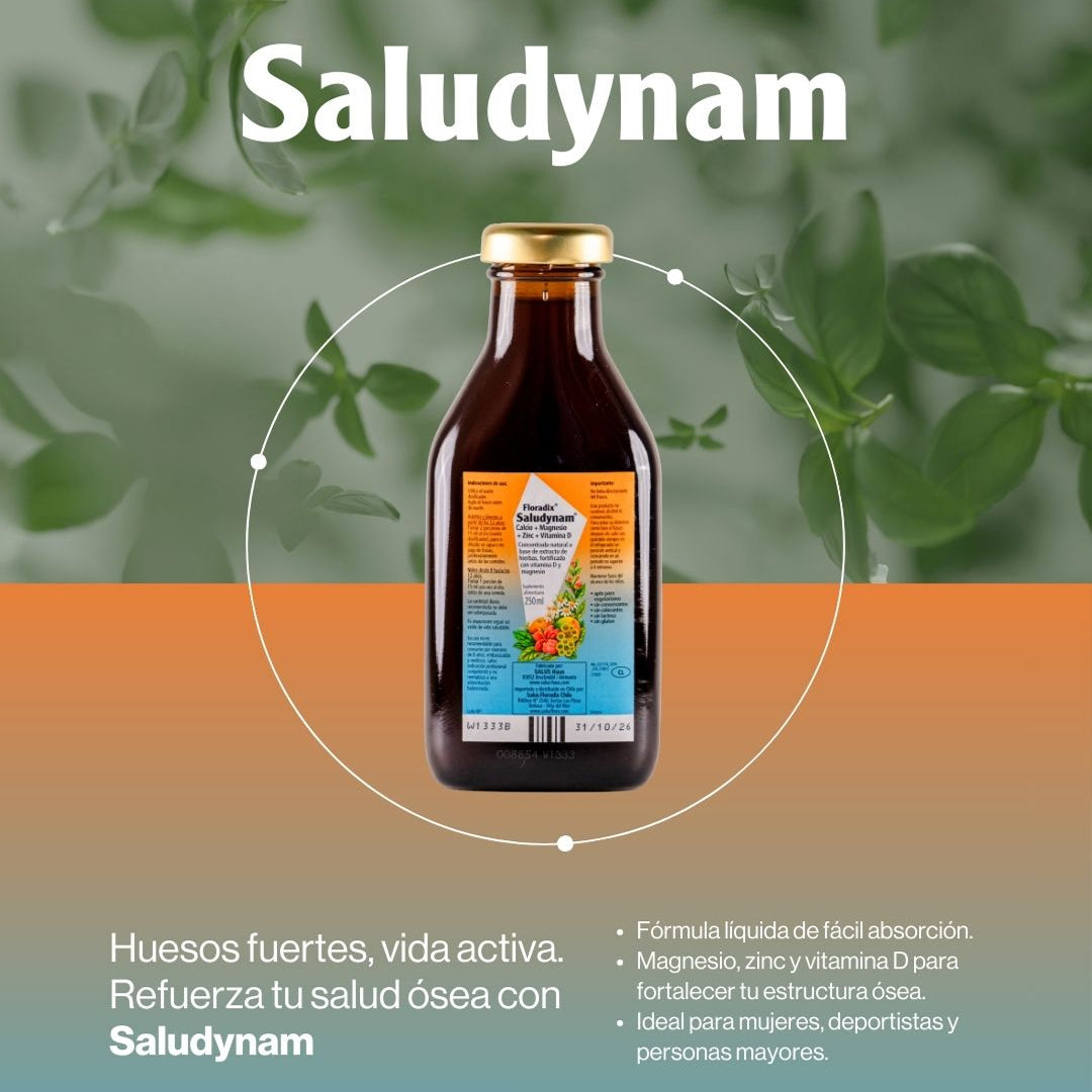 Botella de Saludynam de 250 ml de SalusFlora, suplemento líquido para la salud, con etiqueta visible y envase transparente