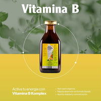 Vitamina B-Complejo SalusFlora en frasco de 250 ml, suplemento de vitamina B en envase transparente con gotas.