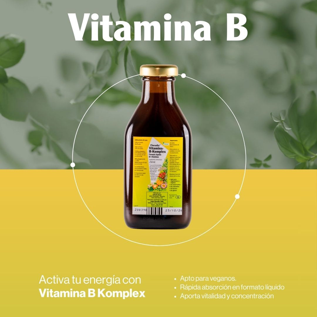 Vitamina B-Complejo SalusFlora en frasco de 250 ml, suplemento de vitamina B en envase transparente con gotas.