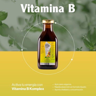 Vitamina B-Complejo SalusFlora en frasco de 250 ml, suplemento de vitamina B en envase transparente con gotas.