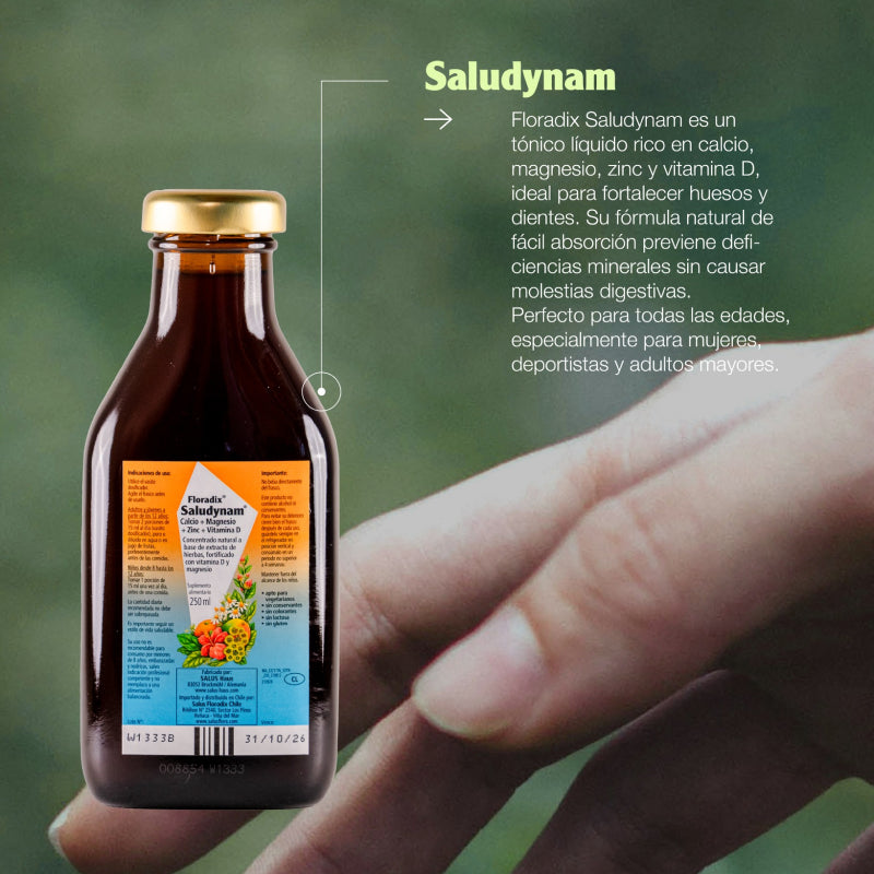 Botella de Saludynam 250 ml de SalusFlora, con líquido saludable en envase transparente y etiqueta visible.