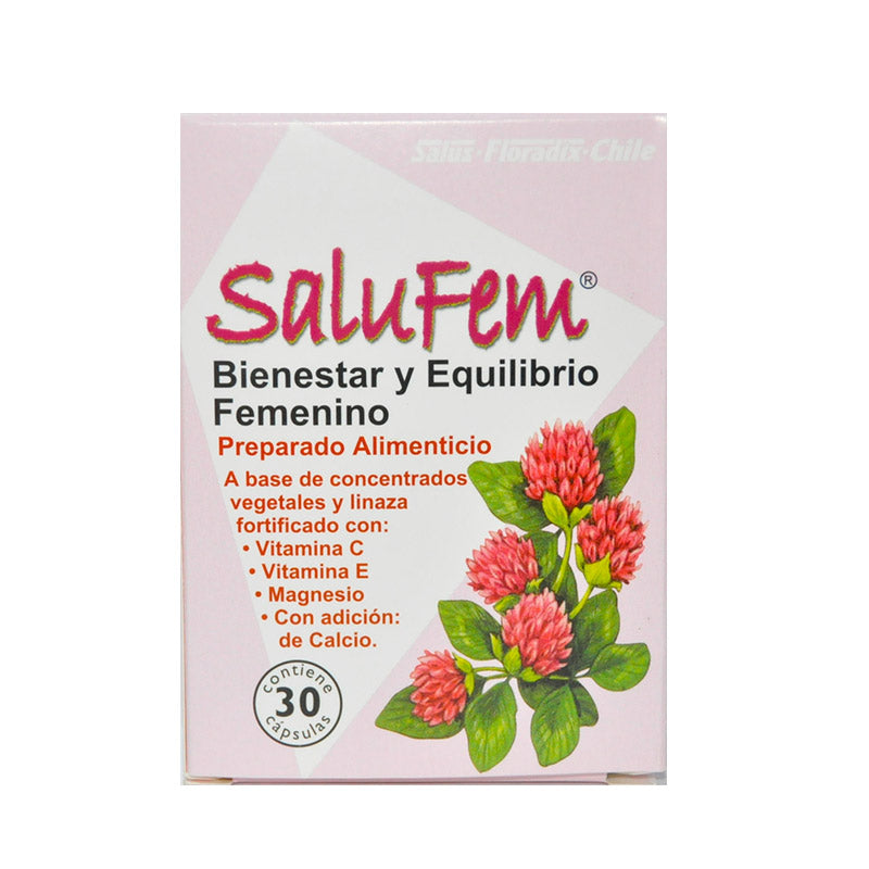 Cápsulas de Salufem de SalusFlora en envase blanco, vista frontal, con caja y cápsulas visibles.